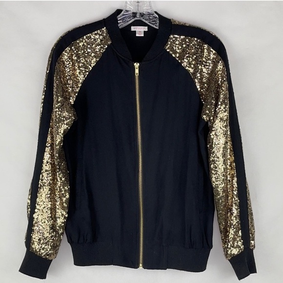 ✅Xhiliration gold sequin zip bomber sweatshirt / black/ front pockets/ NWOT  🖤💛 - Picture 2 of 15
